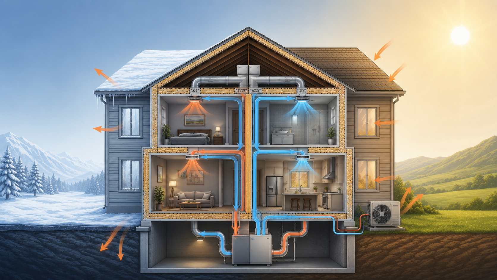 Building cutaway showing HVAC airflow, insulation, and a heat pump